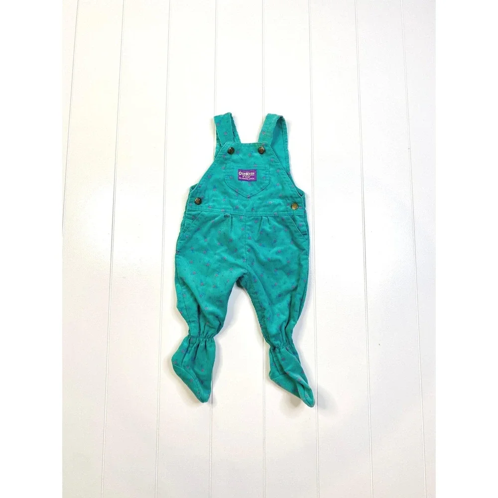 Vintage Oshkosh BGosh Teal Floral Corduroy Footie Overalls,‎ Size 6-9 Months